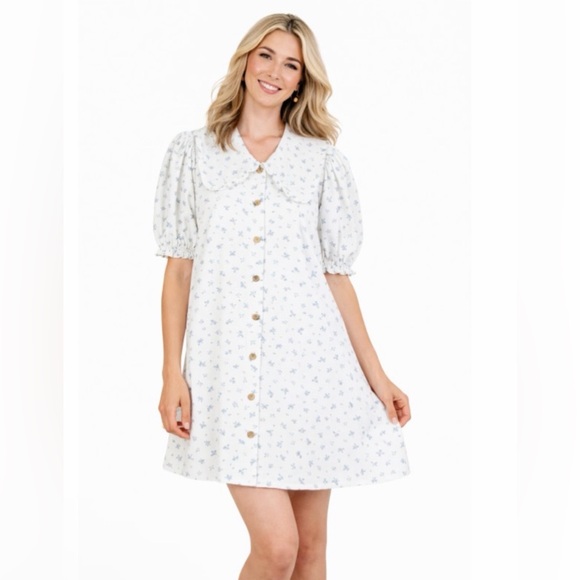 Very J Dresses & Skirts - Very J White Mini Dress with Blue Floral Print